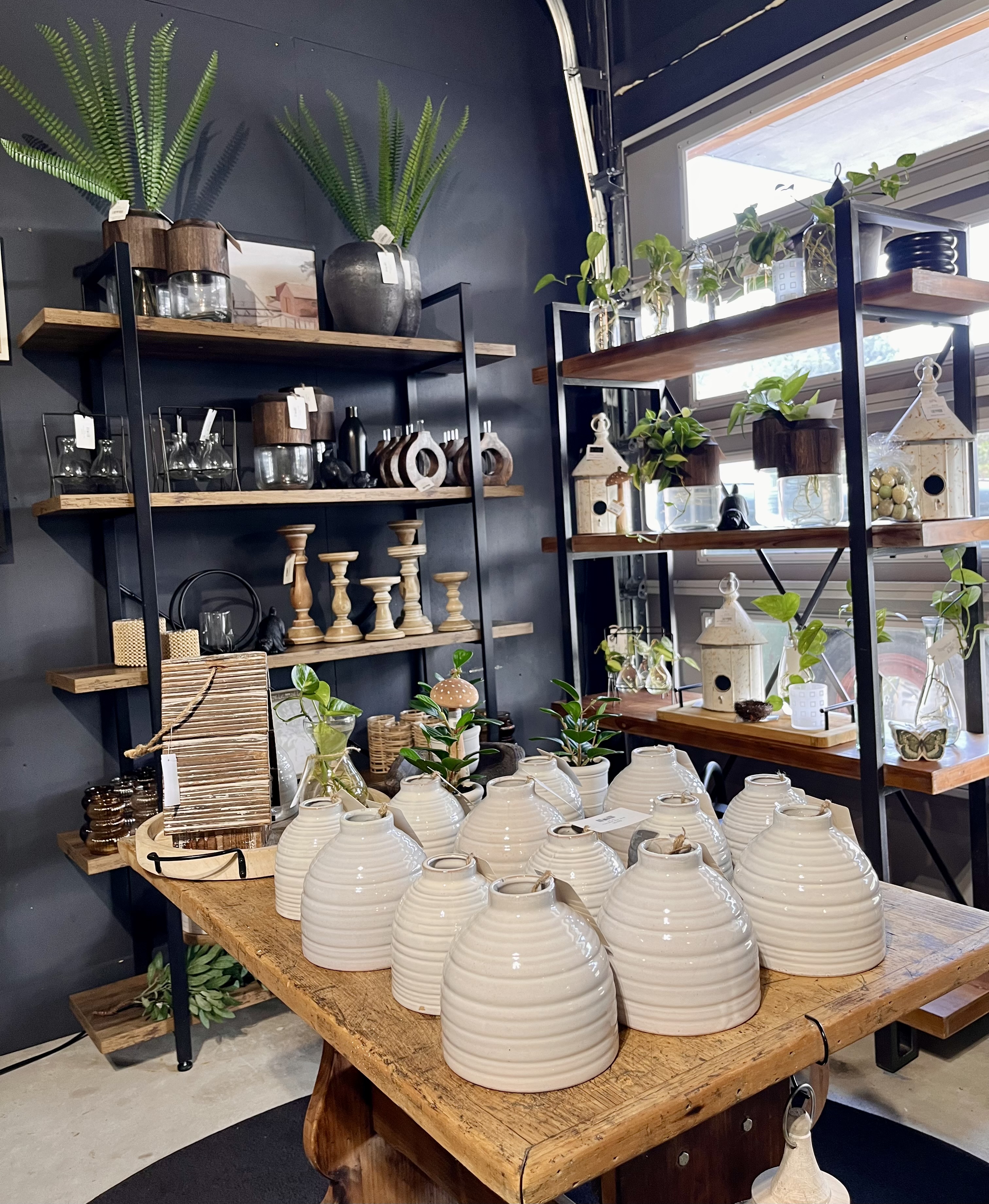Ceramic vases, plants, and styled shelves at Millie's